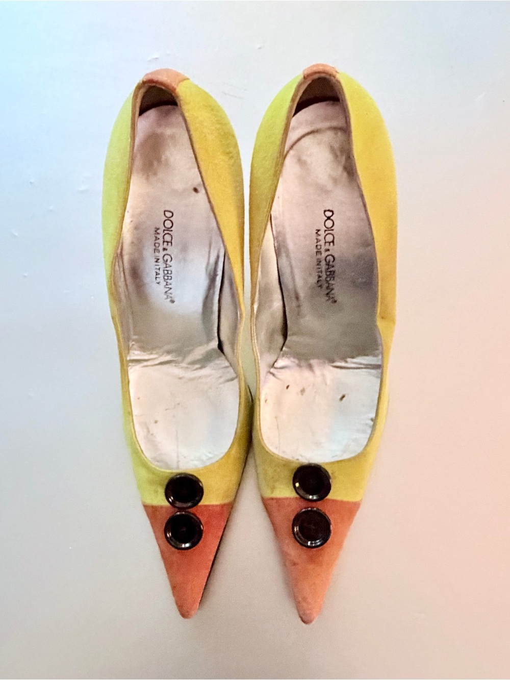 Dolce & Gabbana Yellow and Peach Suede Pointed Toe Flats with Button Accents